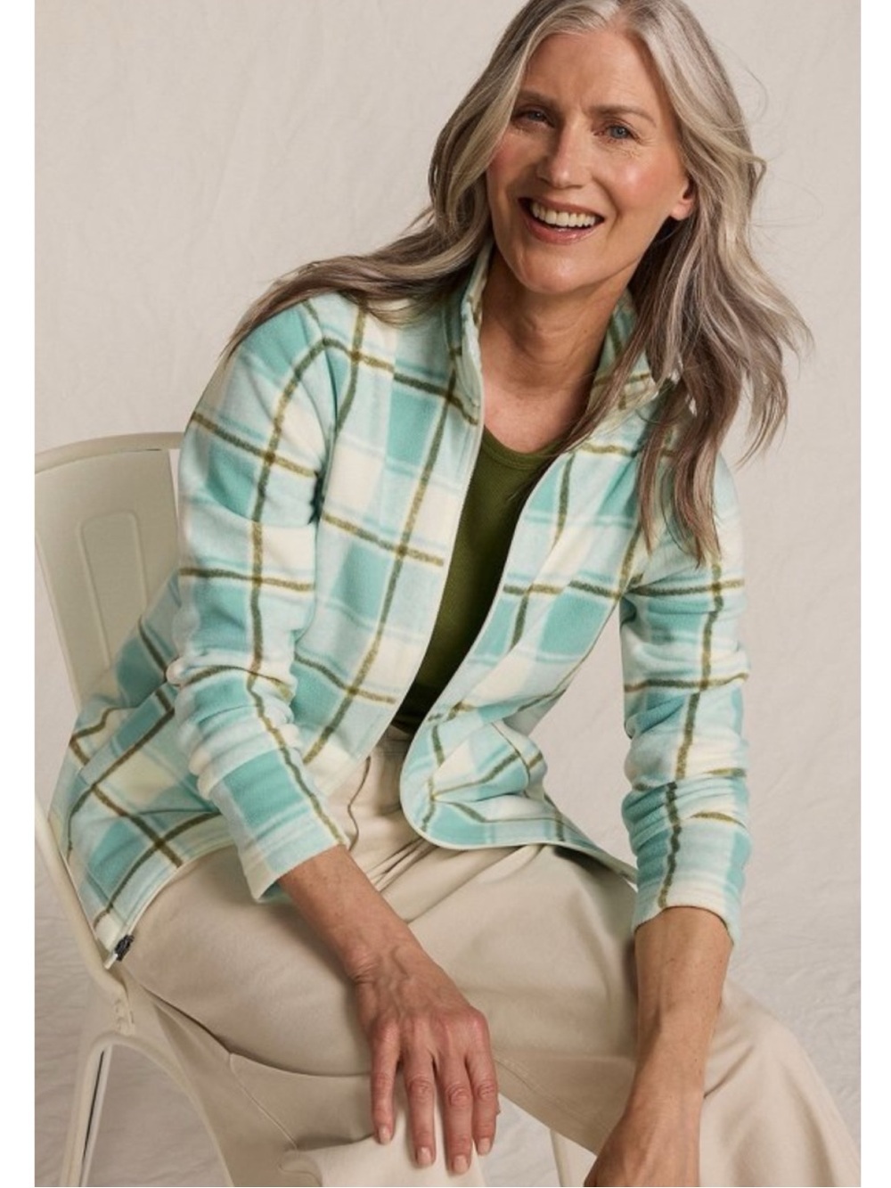 LAND’S END Women’s Size L (14-16) Mint Sky Buff Check Fleece Full Zip Jacket